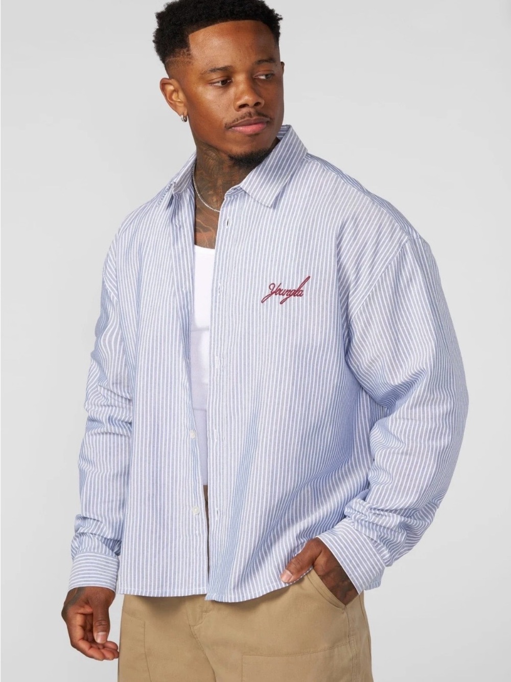 YoungLA Button Up Stripe Shirt Blue Industry Long Sleeve Shirt Large NEW